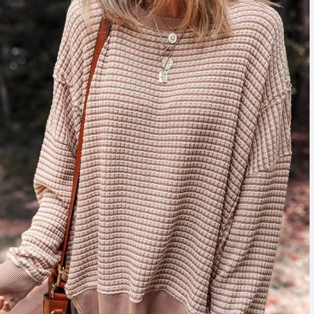 American Eagle Outfitters brown and beige striped waffle knit sweater in size M